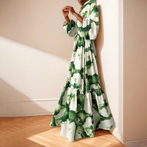 Floral V-neck maxi dress with puffy long sleeves and abstract green watercolor print