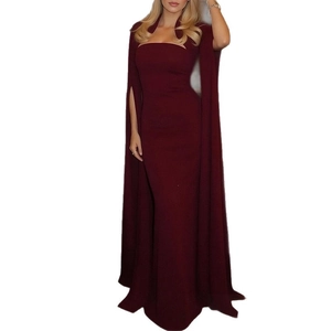 Elegant burgundy evening dress with long cape sleeves and slim fit mermaid silhouette