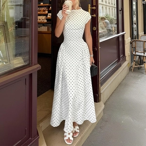 French vintage white polka dot maxi dress with round neck and slim waist design
