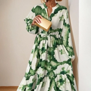 Elegant long-sleeved V-neck maxi dress with green and white tie-dye ink print and waist tie