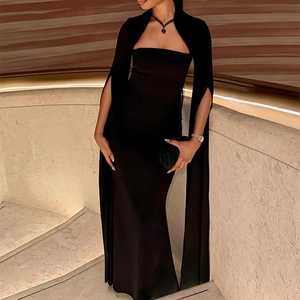 Elegant black mermaid dress with cape sleeves and a slim fit for formal evening occasions