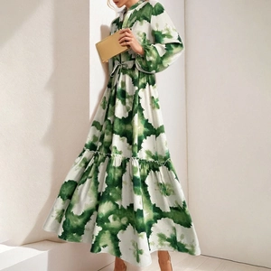 Elegant Green White Floral Print Maxi Dress Women Long Sleeve V Neck Drawstring Waist Tiered Hem Boho Vacation A-Line Dress