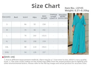 Detailed size chart for the V-neck long sleeve wide-leg jumpsuit showing S to XXXL specs