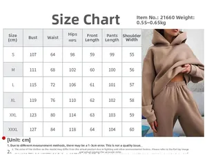 Detailed size chart for solid color hooded sweatshirt and pants set from S to 3XL