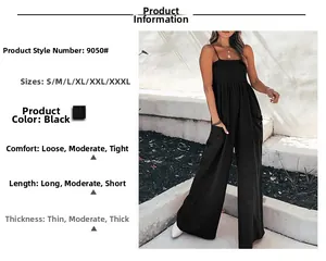 Detailed chart showing size S to XXXL and black wide-leg jumpsuit in outdoor lighting