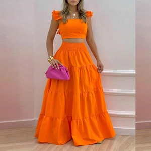 Women Ruffle Sleeve Crop Top And Tiered Maxi Skirt Smocked High Waist Boho Floral Summer Vacation Elegant Outfit