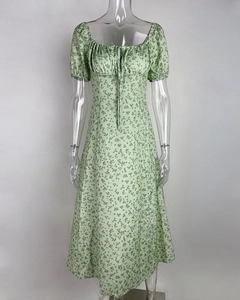 Detail of light green floral dress with French square neck and drawstring bust detail