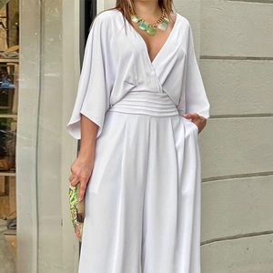 White V-neck wide leg jumpsuit with batwing sleeves and pleated waist for women
