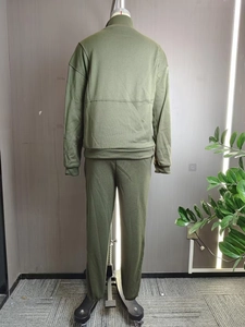 Rear view of army green two-piece tracksuit with half-zip collar and ribbed cuffs