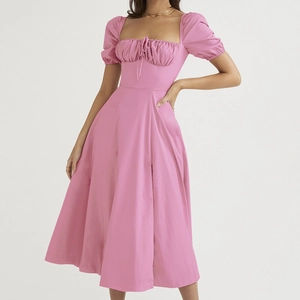 Elegant light pink puff sleeve midi dress with high waist and square neckline for women