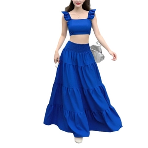 Women's Klein blue two-piece summer set with cropped ruffle top and tiered maxi skirt