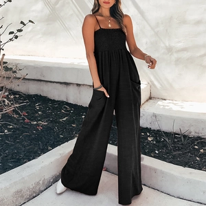 Women's Casual Spaghetti Strap Jumpsuit Smocked Wide Leg Long Romper With Pockets Summer High Waist Cotton Linen Overalls