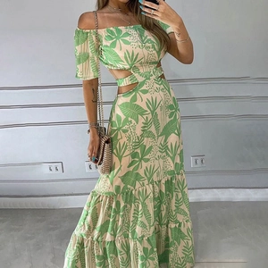 Women's off-shoulder floral maxi dress with tropical print, cutout waist and tiered ruffles
