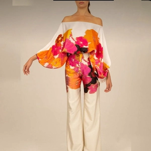 Floral print off-shoulder wide leg trousers set with trumpet sleeves in vibrant colors