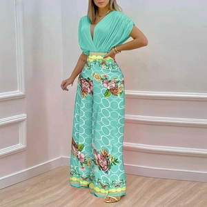 Women's mint green V-neck top with floral wide-leg pants fashion summer jumpsuit set