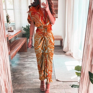 Robe Chemisier Élégante Femme Col en V Sexy Taille Nouée Robe Maxi Boutonnage Devant Manches Courtes Vacances Plage Fête