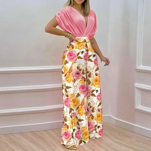 Women's Elegant Batwing Short Sleeve Top And High Waist Botanical Floral Wide Leg Pants Fashion Commuting Outfit