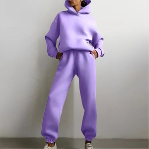 Women Casual Solid Color Hoodie And Jogger Pants Set Polyester Long Sleeve Top And Bottom Leisure Tracksuit For Autumn Winter
