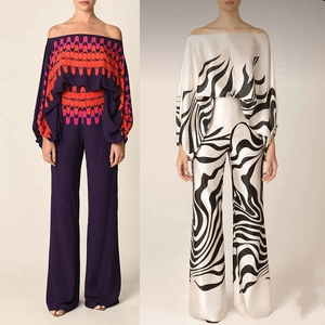 Detail of off-shoulder wide-leg sets with geometric prints and zebra stripes pattern
