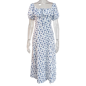 French floral split maxi dress with puff sleeves and square neckline in blue and white