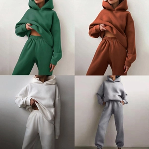 Women's 2-piece solid hoodie and joggers lounge set in green, brown, white, and grey