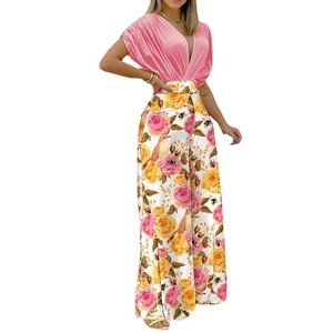 Women's pink V-neck top with high-waisted floral print wide-leg trousers fashion set