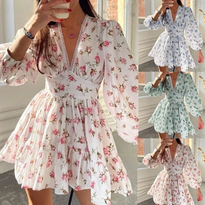 Elegant V-Neck Floral Print Lace Mini Dress With Lantern Sleeve Sweet French Retro High Waist Tiered Hem Dress For Women