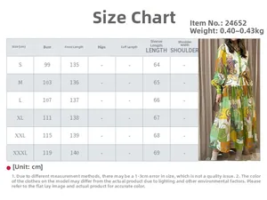 Guide des tailles avec mesures de poitrine et longueur pour cette robe longue à fleurs