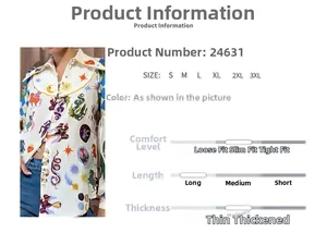 Detailed size chart and product information for colorful graffiti print lantern sleeve shirt