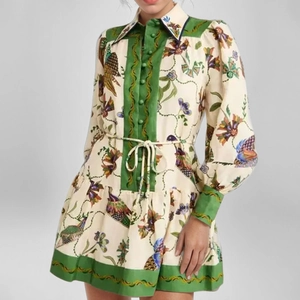 Women's Vintage Floral Print Long Sleeve A-Line Midi Dress Elegant Lapel Collar Tie Waist Button Down Casual Vacation Shirt Dress