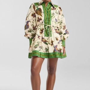 Floral print long sleeve pleated dress with tropical bird patterns and waist drawstring