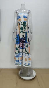 Detailed view of women's maxi dress featuring multi-color abstract geometric and floral prints