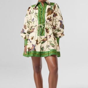 Cream floral shirt dress with bird print, lapel collar, drawstring waist and puff sleeves