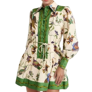 Elegant floral and bird print button-down shirt dress with green trim and waist tie