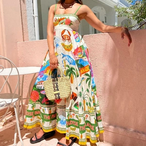 Women Tropical Print Spaghetti Strap Maxi Dress Square Neck Sleeveless Slim Fit Vacation Bohemian Beach Long Dress