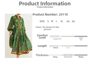 Tableau des tailles détaillé pour robe longue verte imprimée à manches lanternes