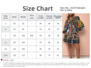 Tabella taglie dettagliata per abito boho con misure di busto e vita in centimetri