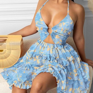 Women Sexy Halter Neck Floral Print Cut Out Mini Dress Tiered Ruffle Cake Dress Sleeveless High Waist Boho Vacation Sundress