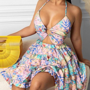 Floral halter neck dress with cutout detail and tiered ruffle skirt for women