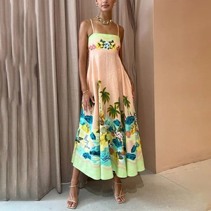 Close-up of tropical print dress with floral embroidery and palm tree beach scenery
