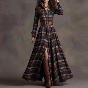 Femmes Élégant Plaid Imprimé Léopard Manches Longues Robe Chemise Maxi Avec Ceinture Vintage Col V Ligne A Grande Balançoire Longue