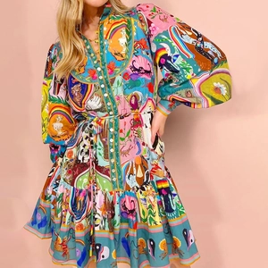 Vestito da Donna Vintage Boho con Stampa Tarot Art Manica a Lanterna Volant Vita Alta Elegante Slim Fit Revers Pullover Mini Abito