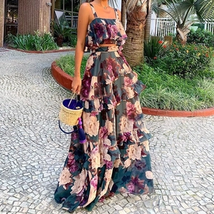 Women Bohemian Floral Print Halter Camisole Top And Tiered Maxi Skirt Polyester Vacation Outfits For Summer Beach Travel