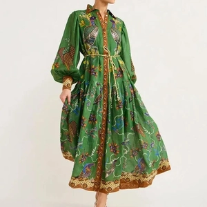 Robe Longue Imprimée Rétro pour Femmes Manches Lanterne Taille Haute Coupe Trapèze Bohème Artistique Robe Chemise Chic