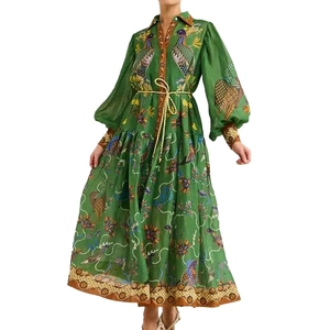 Robe rétro à manches longues avec imprimé oiseaux et manches lanternes en vert plissé