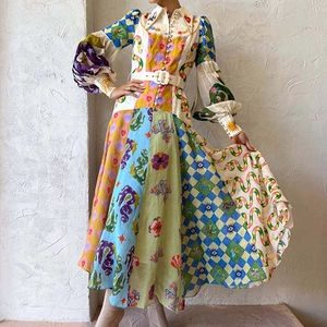 Robe Longue Élégante pour Femmes Imprimé Bohème Manche Lanterne Taille Haute Revers Simple Boutonnage Grande Balançoire