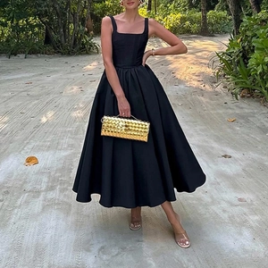 Women Elegant Square Neck Sleeveless Black Midi Dress Backless Slim Fit Satin Look A-Line Party Prom Formal Evening Long Dress