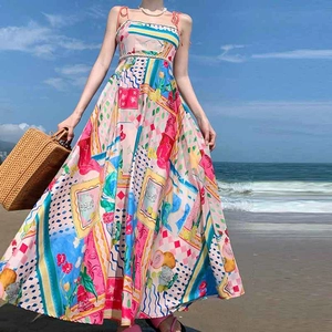 Women Vacation Slip Dress High Waist A-Line Printed Boho Graffiti Beach Resort Long Maxi Dress Summer Party Wear