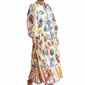 Robe longue femme à manches lanternes avec imprimé homard tropical et jupe à volants