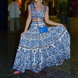 Elegant Majolica Print Two Piece Set Square Neck Crop Top And High Waist Large Swing Maxi Skirt Women Resort Wear Set